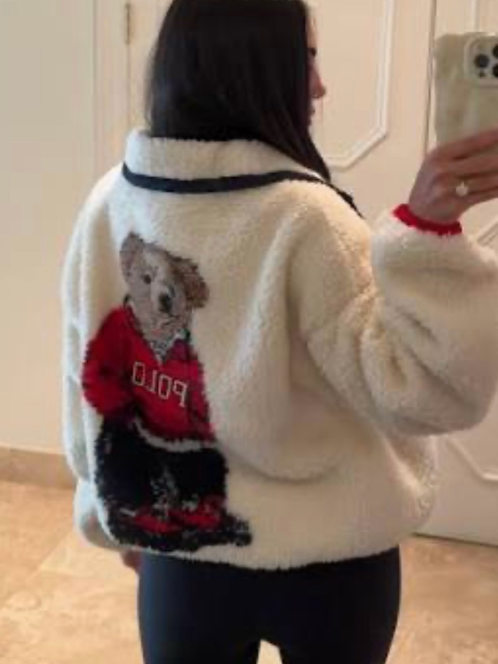 Polo by Ralph Lauren Cream Sherpa Jacket with Red Bear Motif